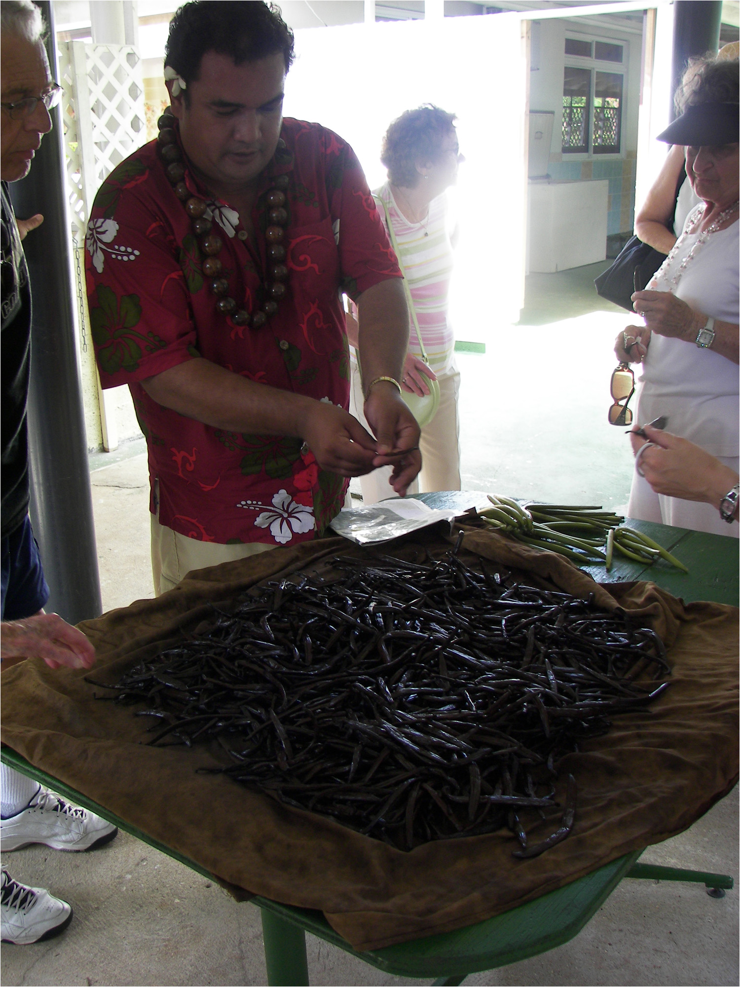 Table full of ripe vanilla beans.  Tahaa is a major producer of vanilla.  These beans can sell for as much as $1 US a each