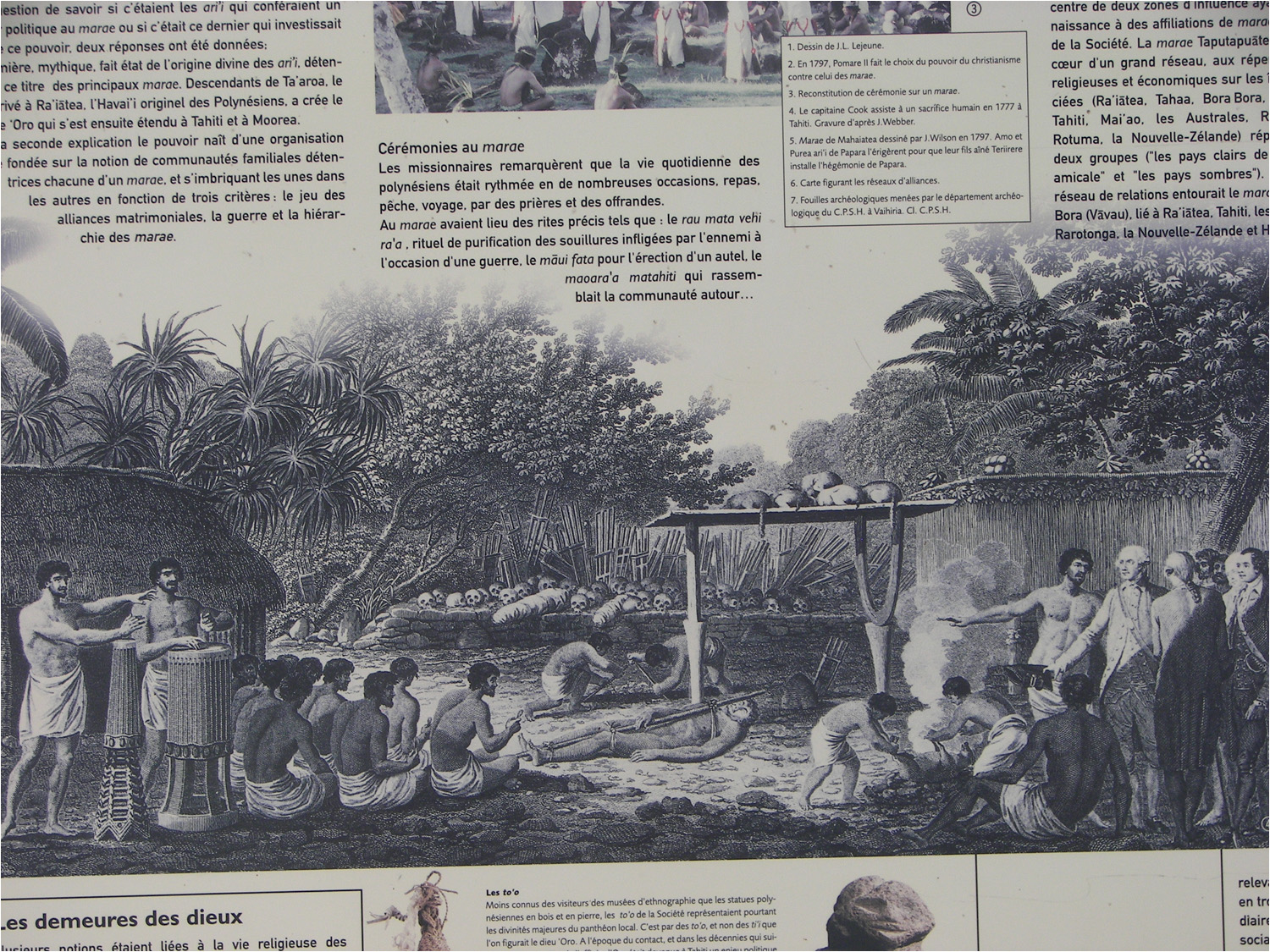 Receiving instruction about the Marae's which were sacred meeting areas and included both animal and human sacrifices.  The man on the drawing resembling George Washington is Captain Cook who was killed on the Big Island Hawaii and was supposedly cooked himself.