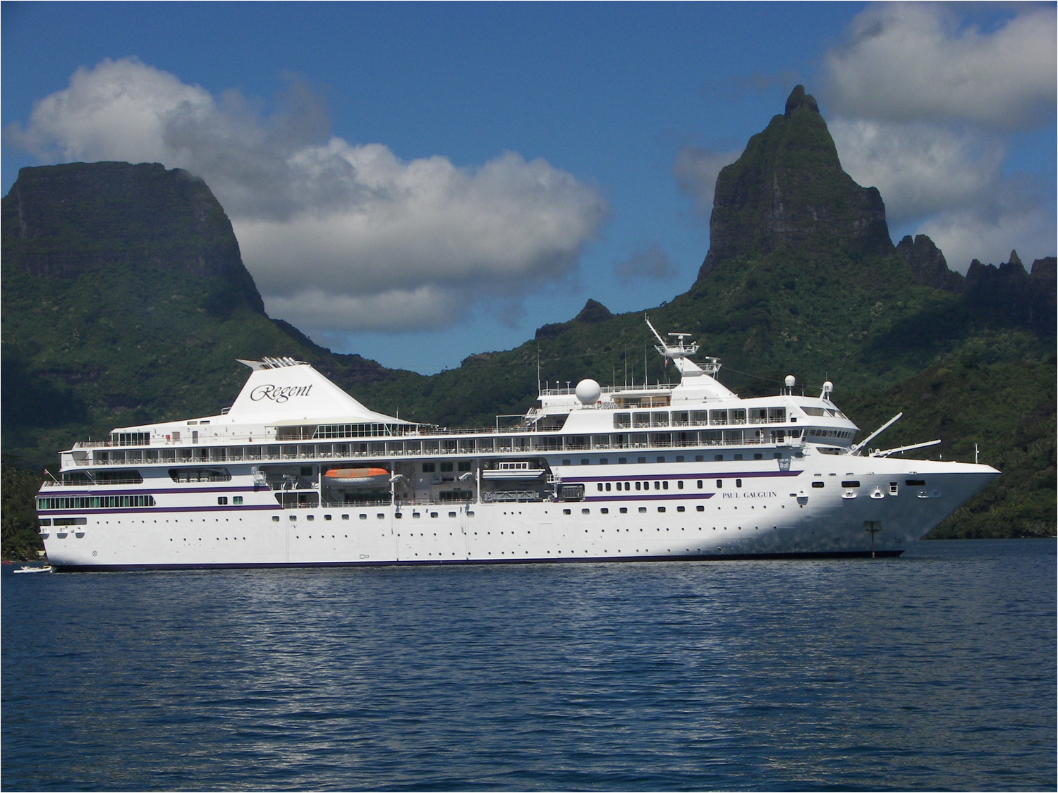 View of the Paul Gaugin anchored in the lagoon at Moorea.