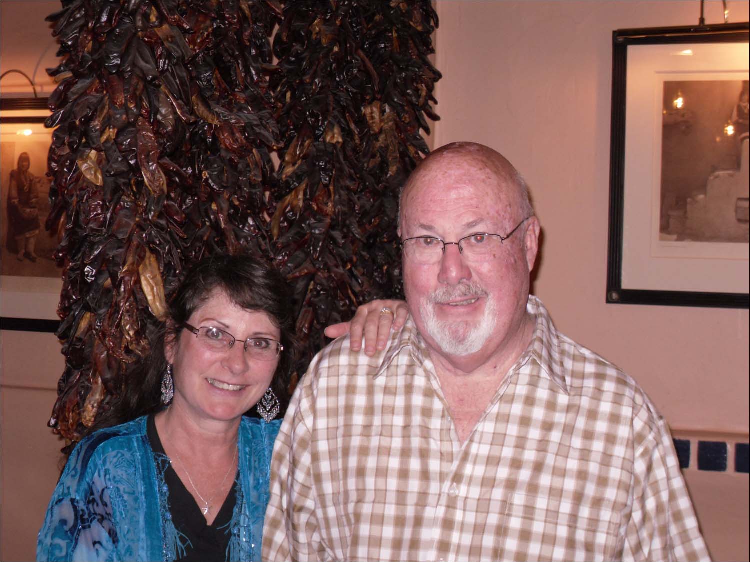 Santa Fe, NM-Dad & me out to dinner-look at the dried chiles behind us