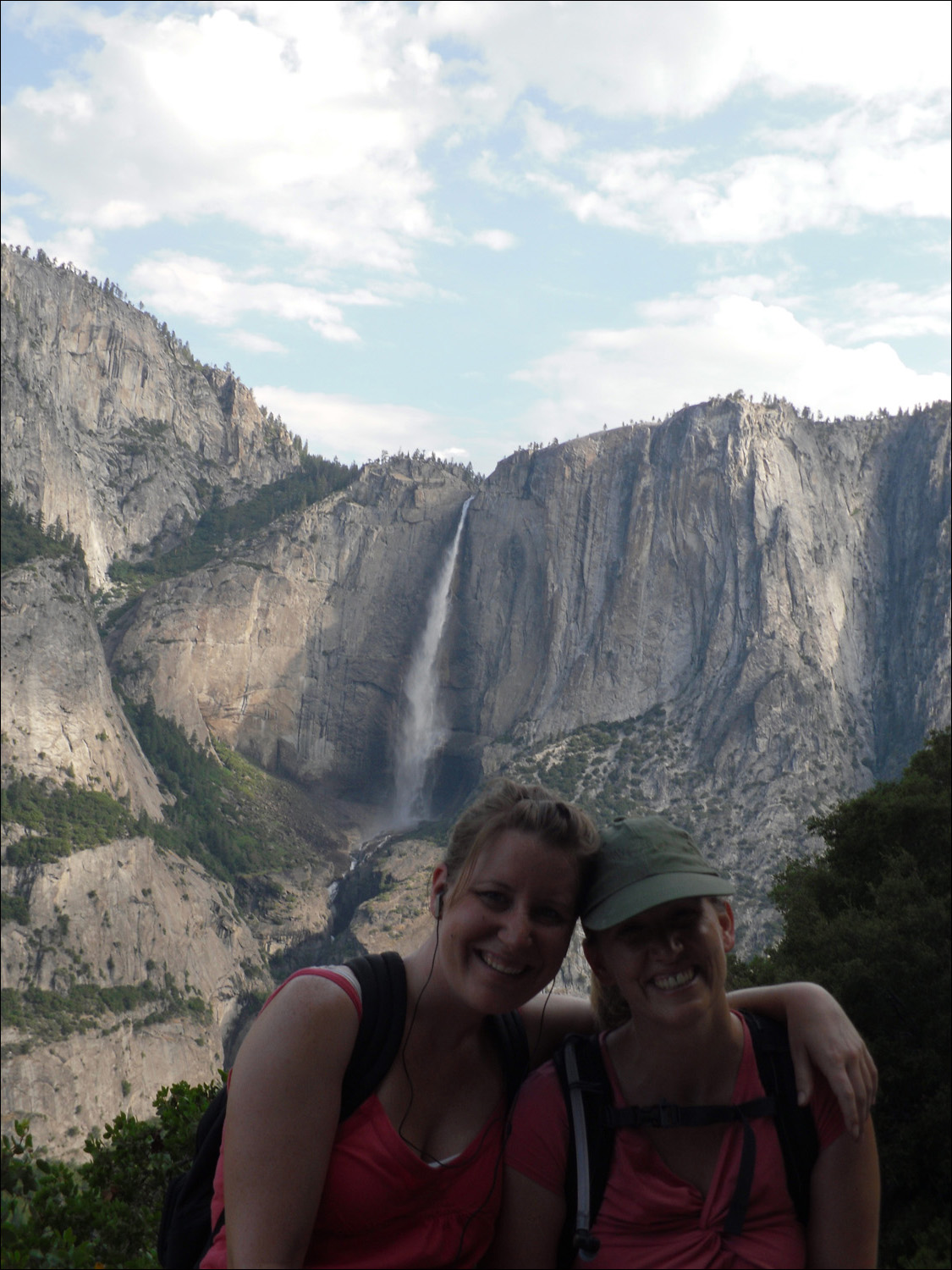 Hike up to Glacier Point- Yosemite Fall view from trail with Becky and Sondrain the foreground