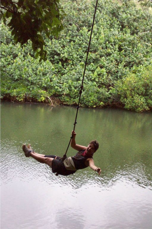 Enjoying swing over Huleia River, location of shoot for Raiders of the Lost Ark scene.