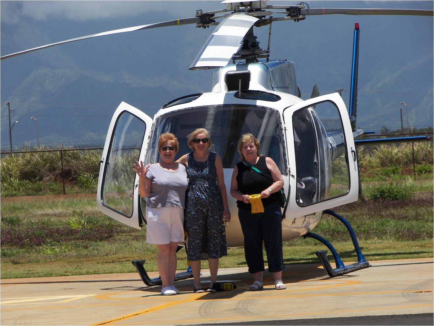 Posing before helicopter tour of Kauai.  L-R, Minda, Ginny, and Ann.