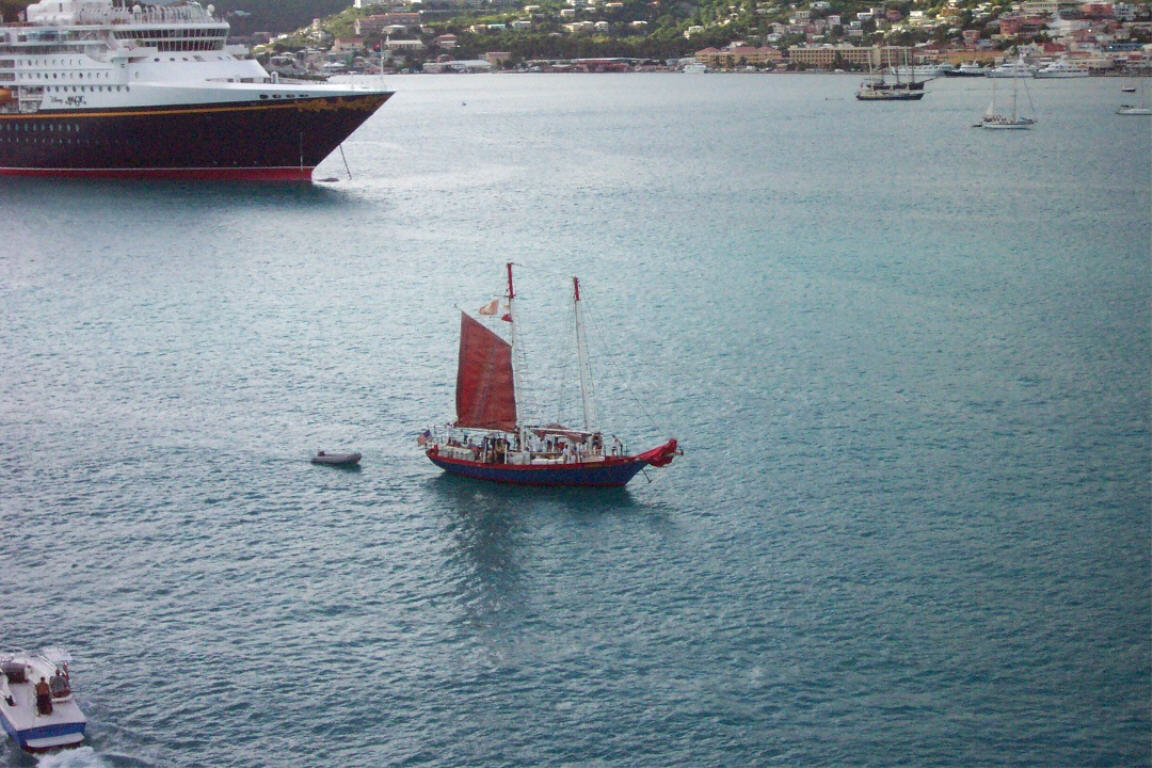 A view from the ship, of the boat on which we took our excursion to Turtle Cove.