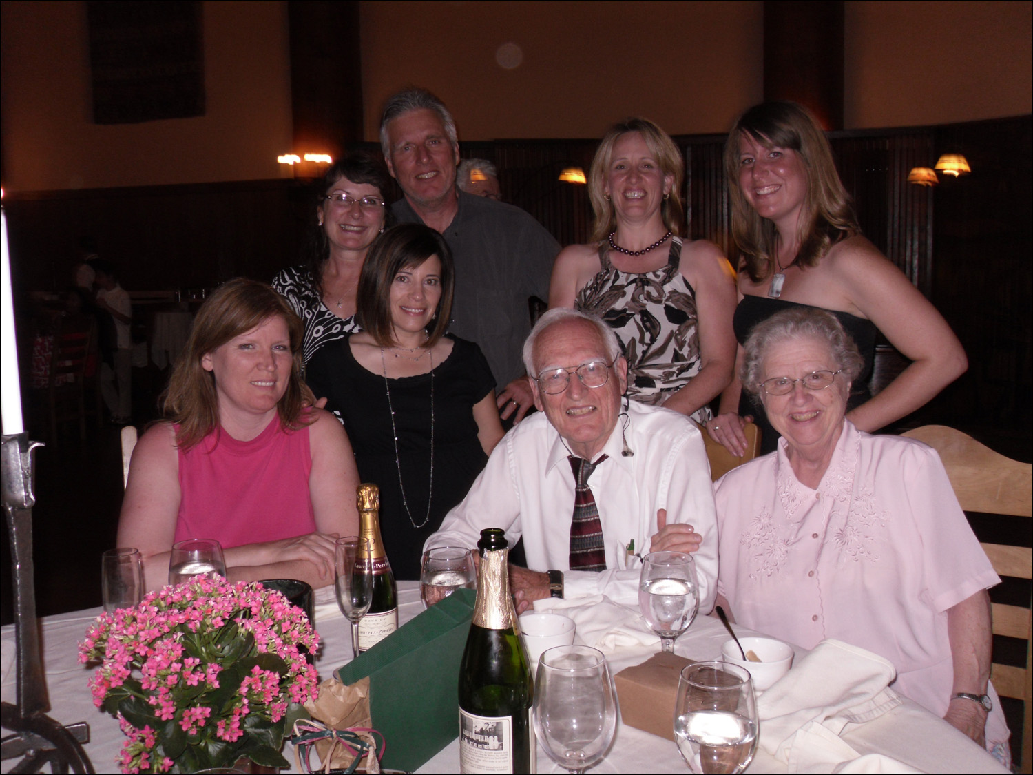 Dad's 80th Bday celebration @ the Awahnee dining room~ L-R Debbie, Katherine, Sherry, Bob, Fred, Sondra Becky, Elaine