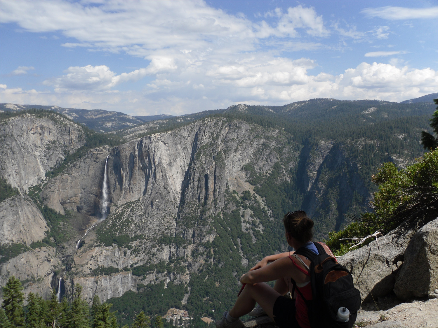 Hike up to Glacier Point- Becky contemplating complete Yosemite Falls view from trail